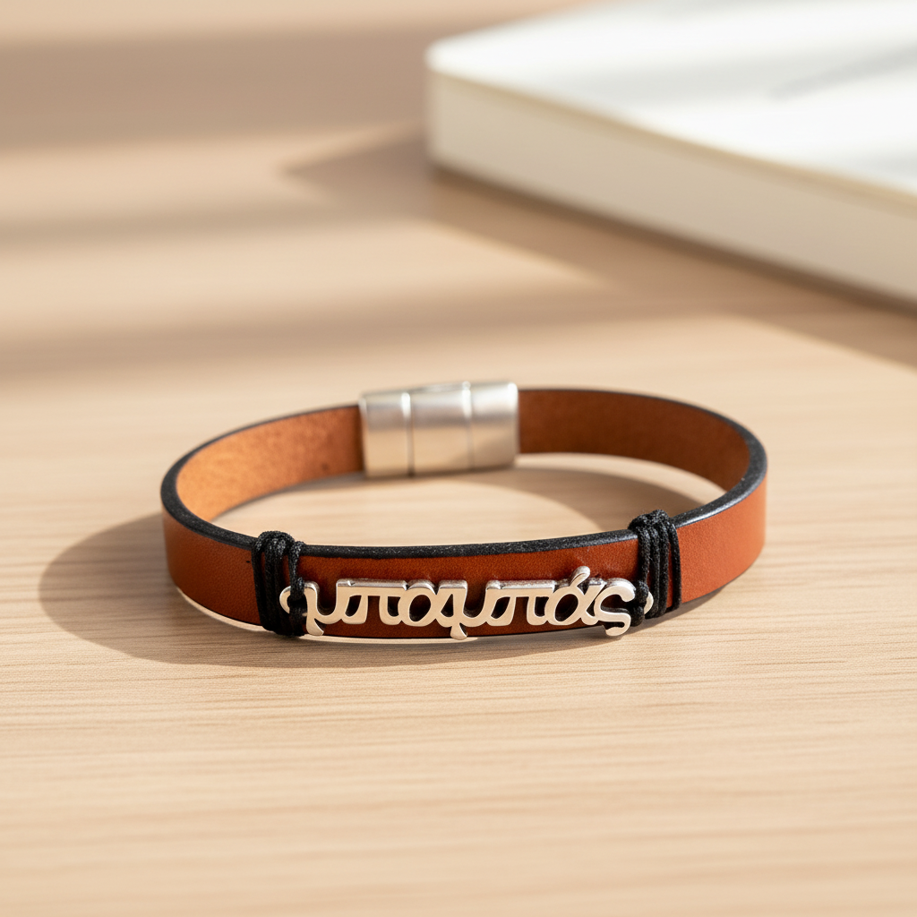 Χειροποίητο ανδρικό δερμάτινο βραχιόλι ‘μπαμπάς’ με ταυτότητα – So Cute by Dimi