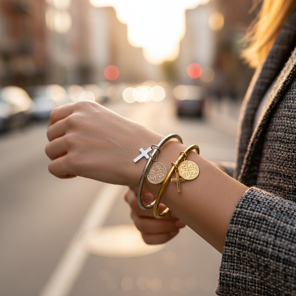 Ατσάλινο bangle σε gold και silver με κρεμαστό σταυρό και κωνσταντινάτο – So Cute by Dimi