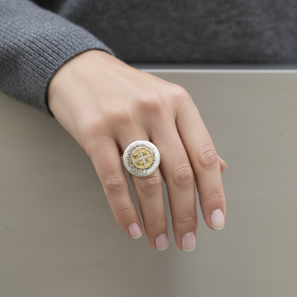 Ατσάλινο δαχτυλίδι κωνσταντινάτο δίχρωμο με ζιργκόν – Divine Shine Ring by So Cute by Dimi