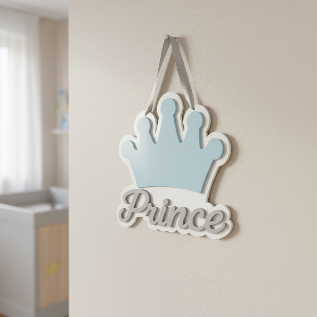 Χειροποίητο κάδρο Prince με γαλάζια κορώνα και γκρι lettering από ξύλο και plexiglass