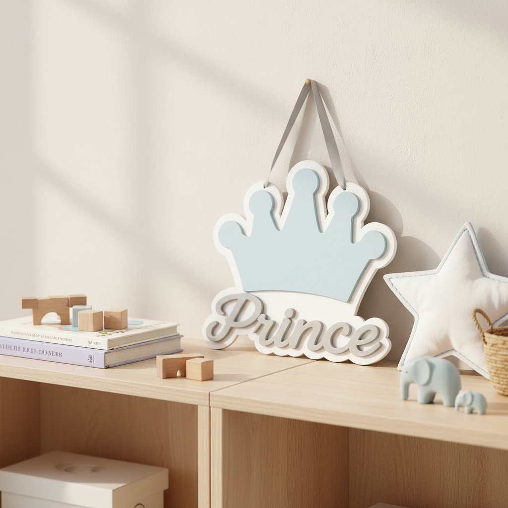 Χειροποίητο κάδρο Prince με γαλάζια κορώνα και γκρι lettering από ξύλο και plexiglass