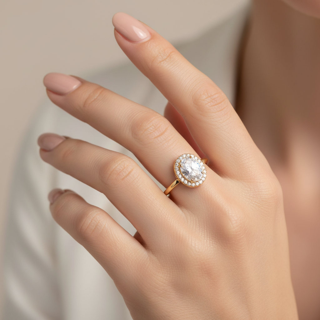 Δαχτυλίδι “Oval Spark” από ατσάλι με μεγάλη οβάλ πέτρα ζιργκόν και pavé διακόσμηση – σε χρυσό – So Cute by Dimi