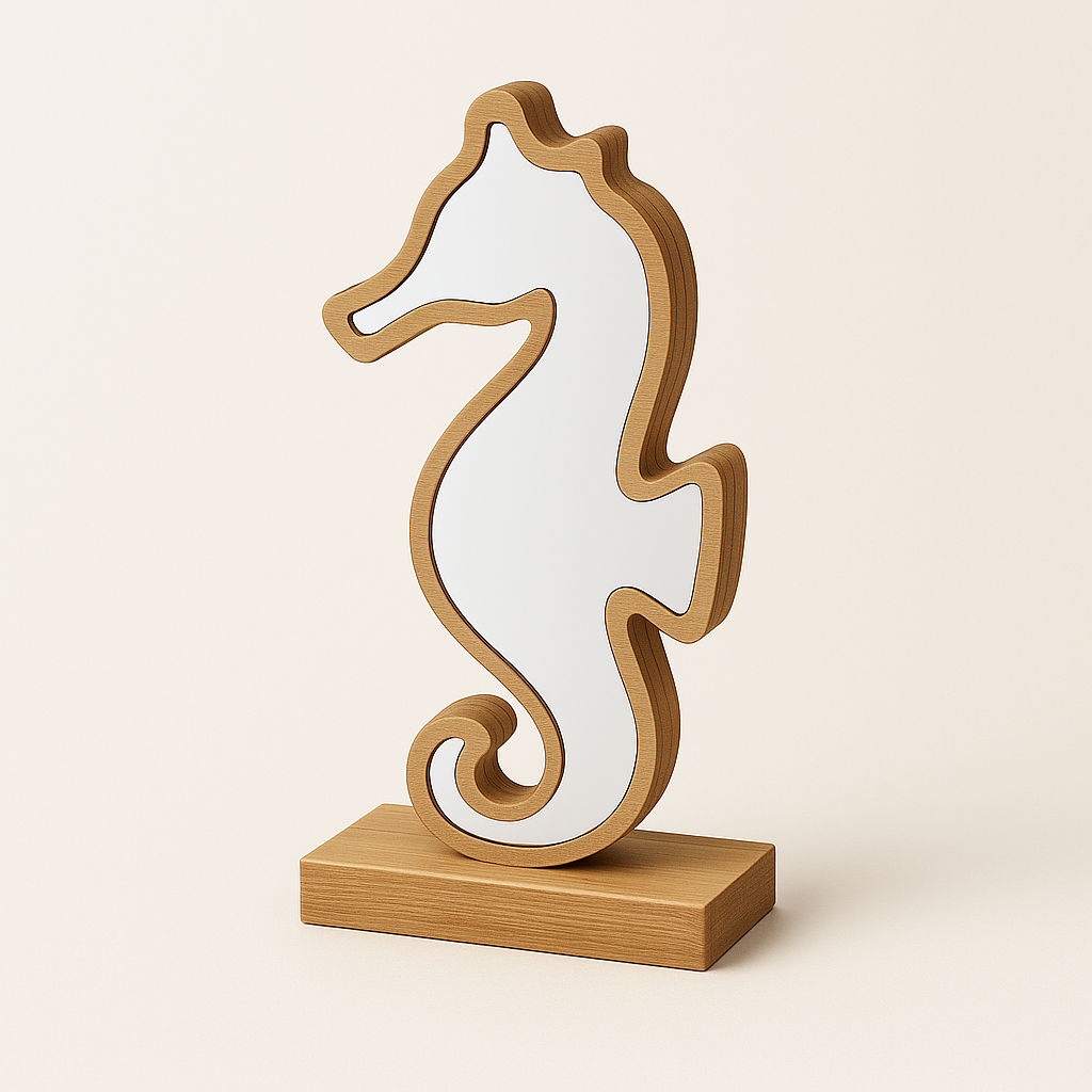 Επιτραπέζιος ιππόκαμπος με ξύλινο περίγραμμα και καθρέφτη silver mirror – So Cute by Dimi