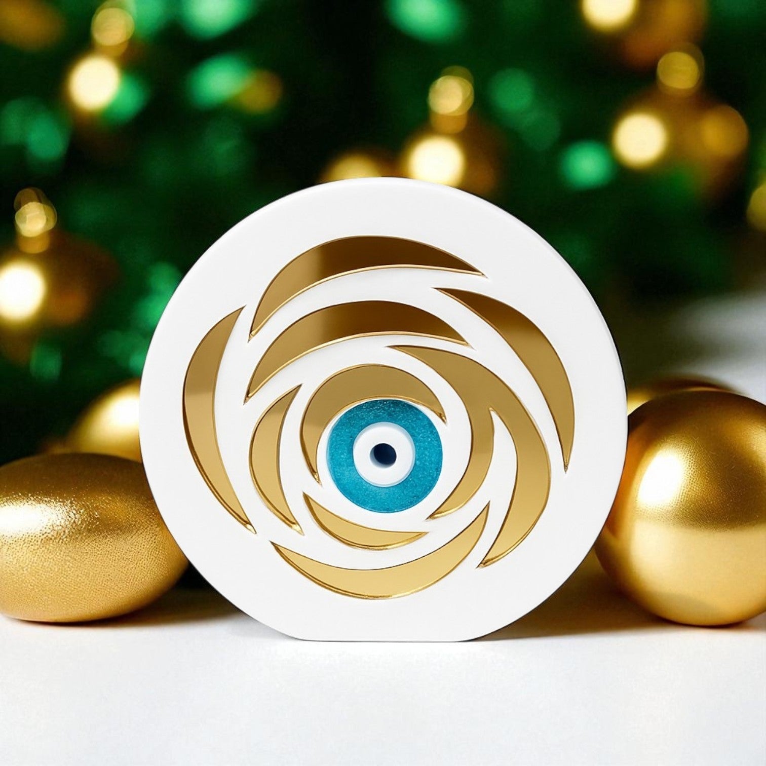 Petal Eye γούρι, επιτραπέζιο χειροποίητο plexiglass με μάτι & χρυσά πέταλα σε μαύρο ή λευκό – So Cute by Dimi