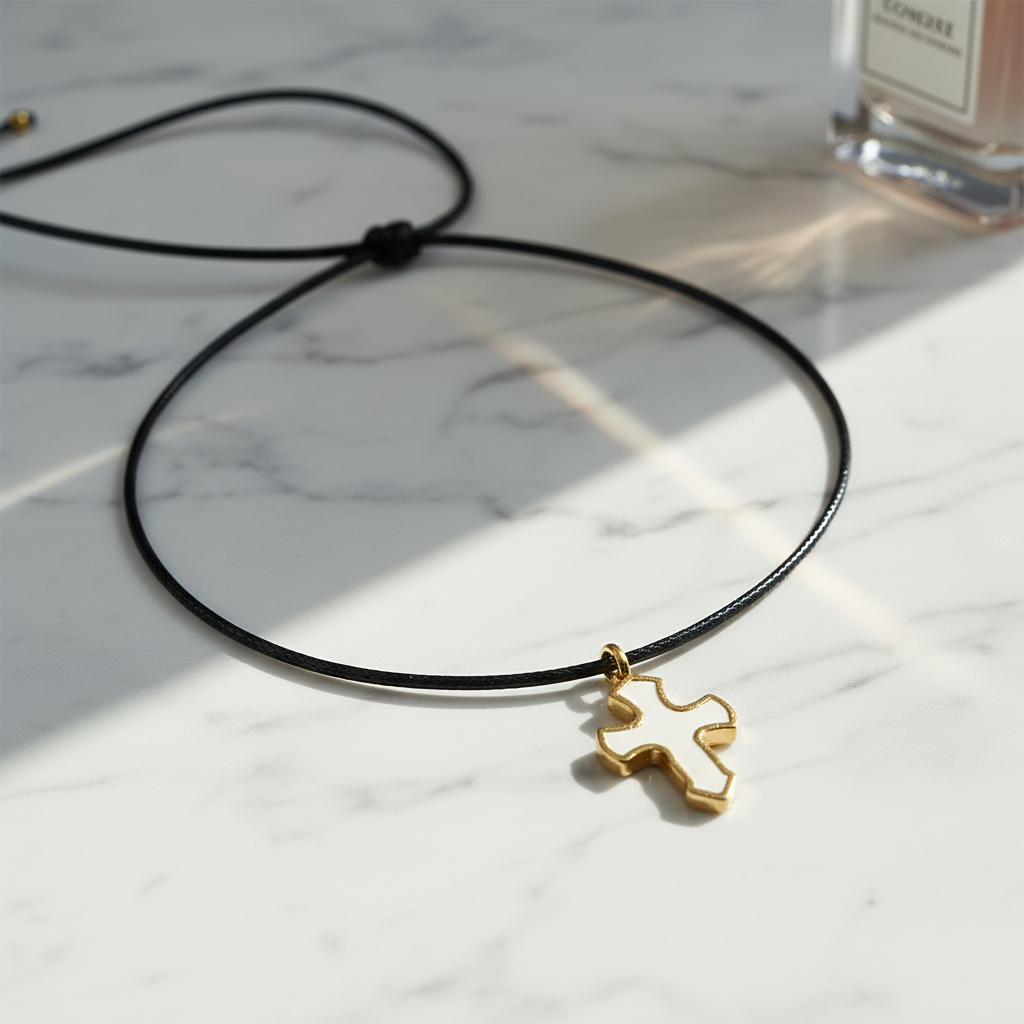 Κολιέ με μαύρο κορδόνι και μοτίφ σταυρό σε λευκό με χρυσό περίγραμμα – So Cute by Dimi