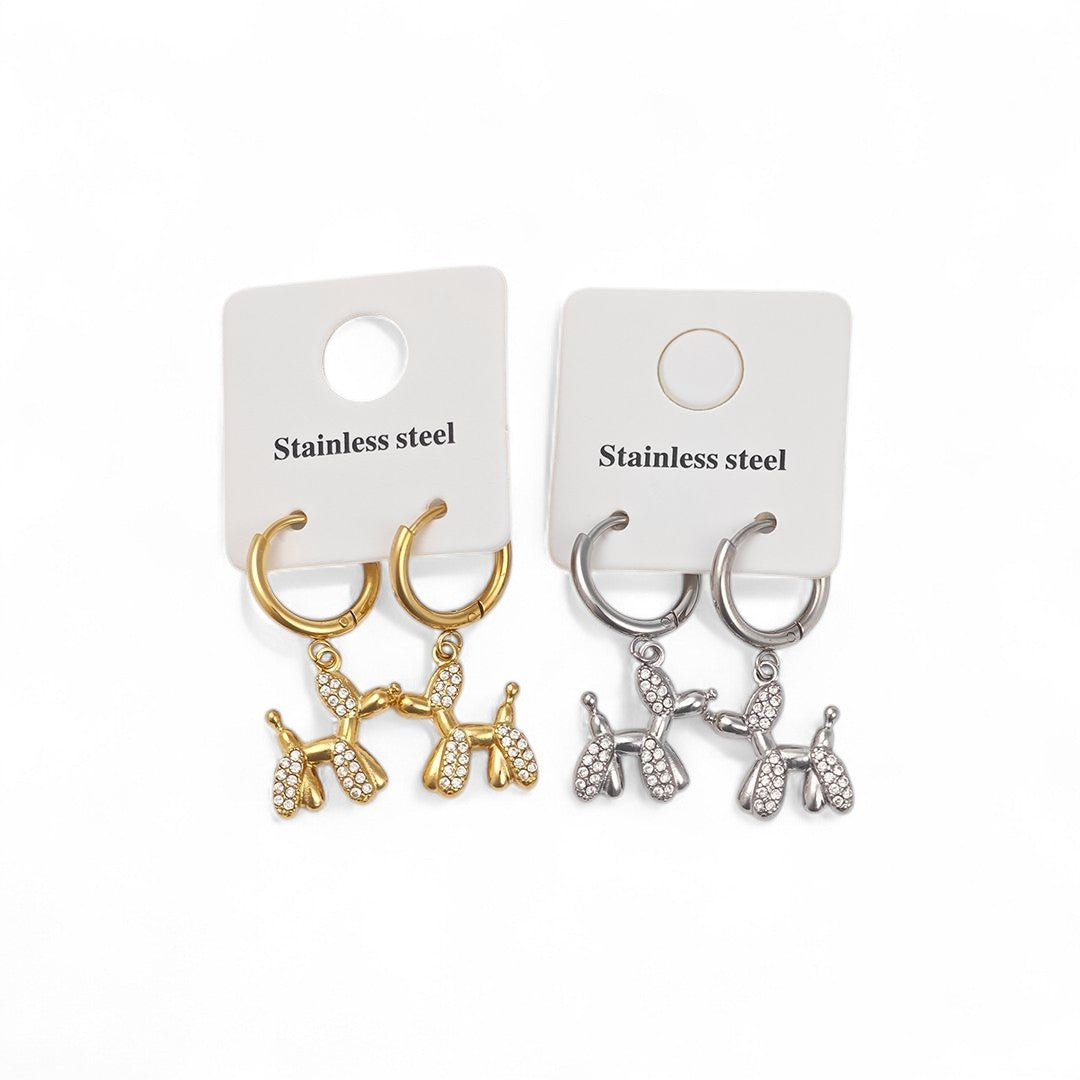 Σκουλαρίκια από ατσάλι σε σχήμα balloon dog με strass, σε χρυσό και ασημί – So Cute by Dimi