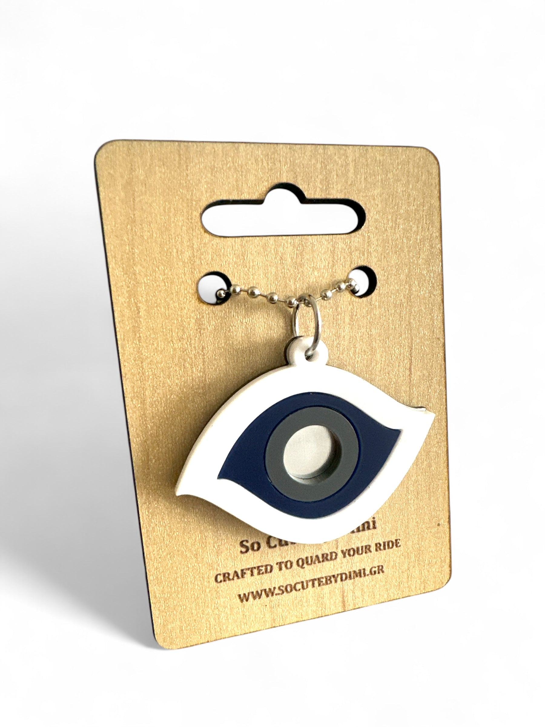 Γούρι αυτοκινήτου μάτι από λευκό και μπλε plexiglass με ασημί καθρέφτη στο κέντρο – design Drive Icons