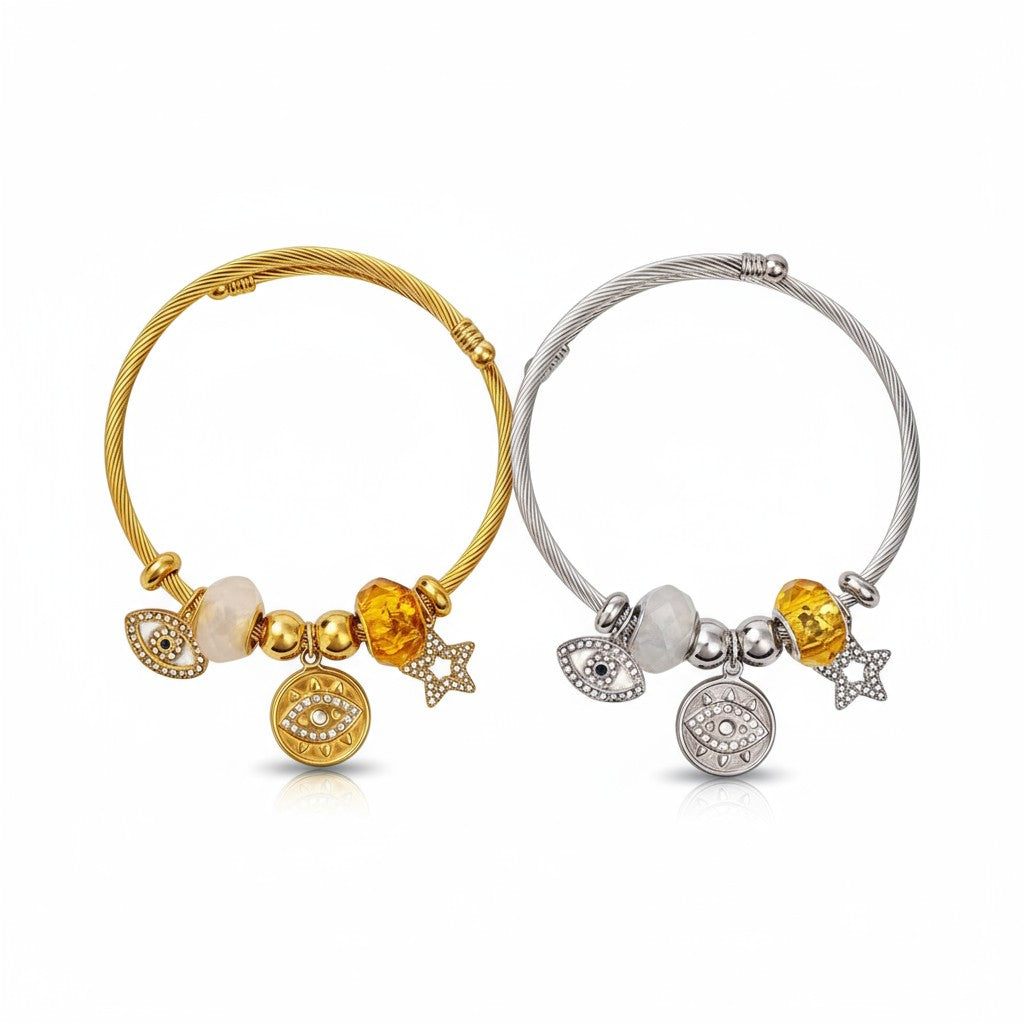 Ατσάλινο βραχιόλι Lucky Charms με μάτι, αστέρι και κρύσταλλα σε χρυσό & ασημί| So Cute by Dimi