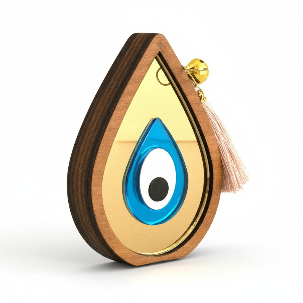 Χειροποίητο γούρι σταγόνα με μάτι από ξύλο και χρυσό καθρέφτη πλεξιγκλάς So Cute by Dimi