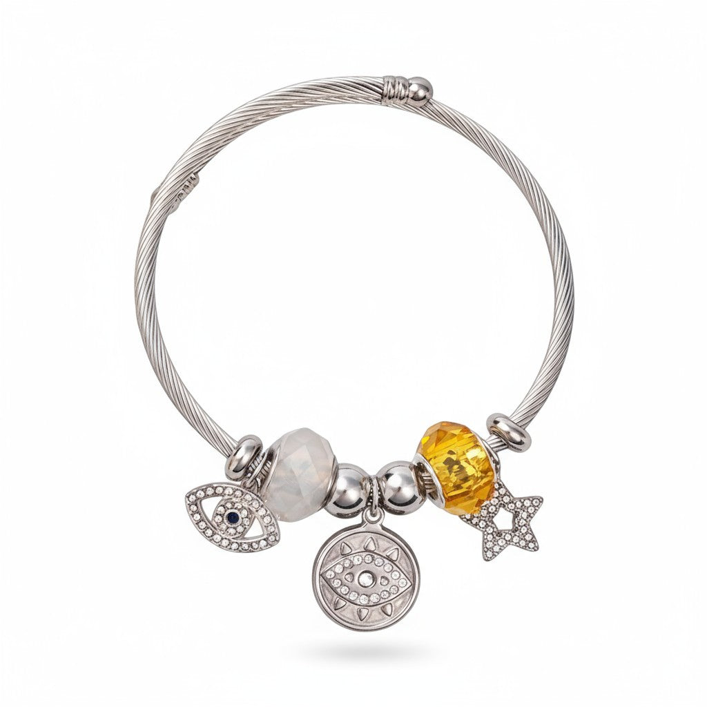 Ατσάλινο βραχιόλι Lucky Charms με μάτι, αστέρι και κρύσταλλα σε ασημί| So Cute by Dimi