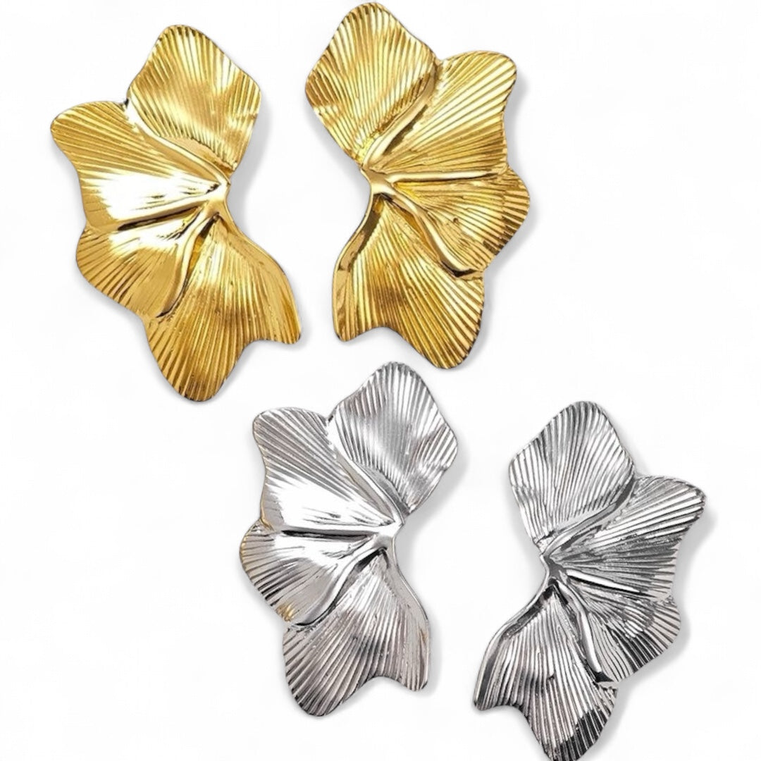 Σκουλαρίκια Ginkgo Shine από ανοξείδωτο ατσάλι σε χρυσό & ασημί, ανάγλυφο φύλλο ginkgo – statement jewelry - So Cute by Dimi