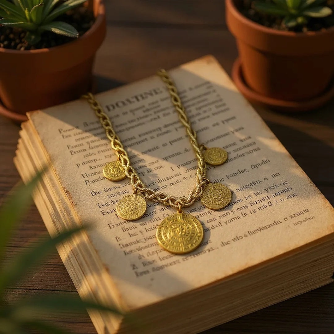Χρυσό statement κολιέ από ατσάλι με ανάγλυφα μινωικά νομίσματα – So Cute by Dimi
