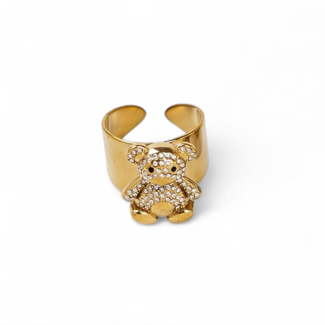 Ατσάλινο δαχτυλίδι με αρκουδάκι και strass σε χρυσό και ασημί – So Cute by Dimi