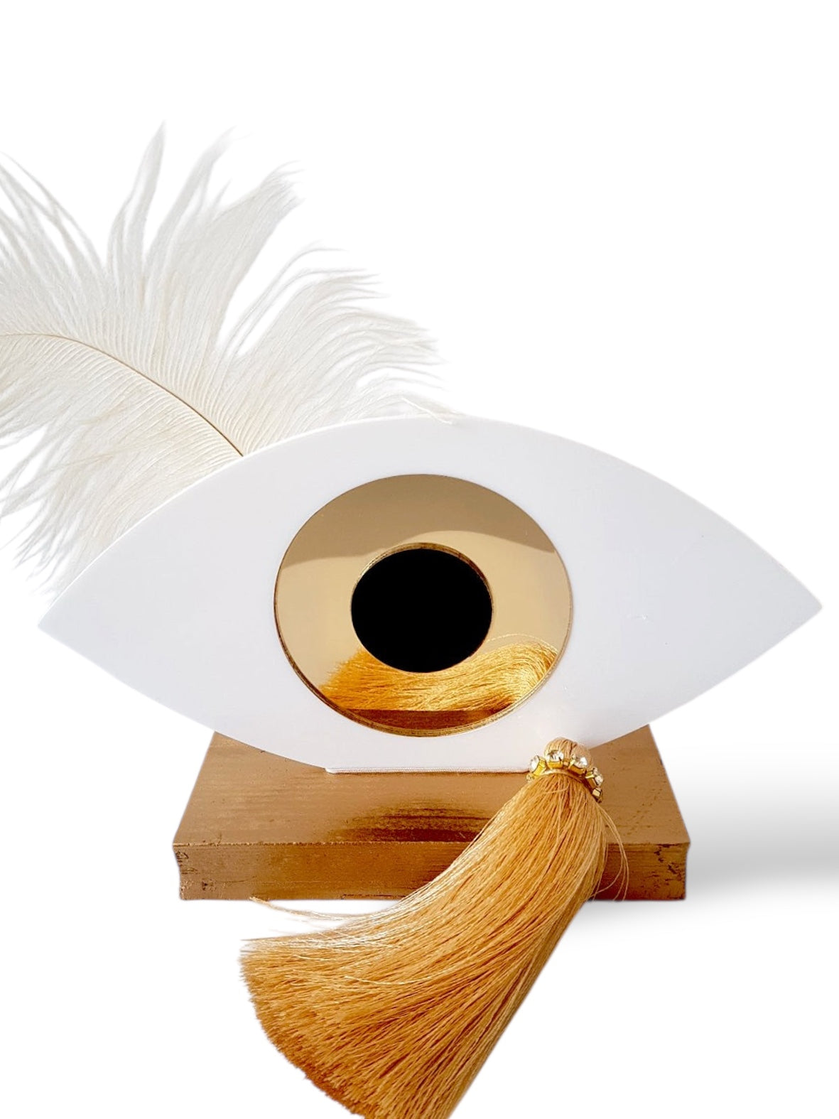 Γούρι plexiglass οβάλ με μάτι χρυσό, φτερό και φούντα με στρας – So Cute by Dimi