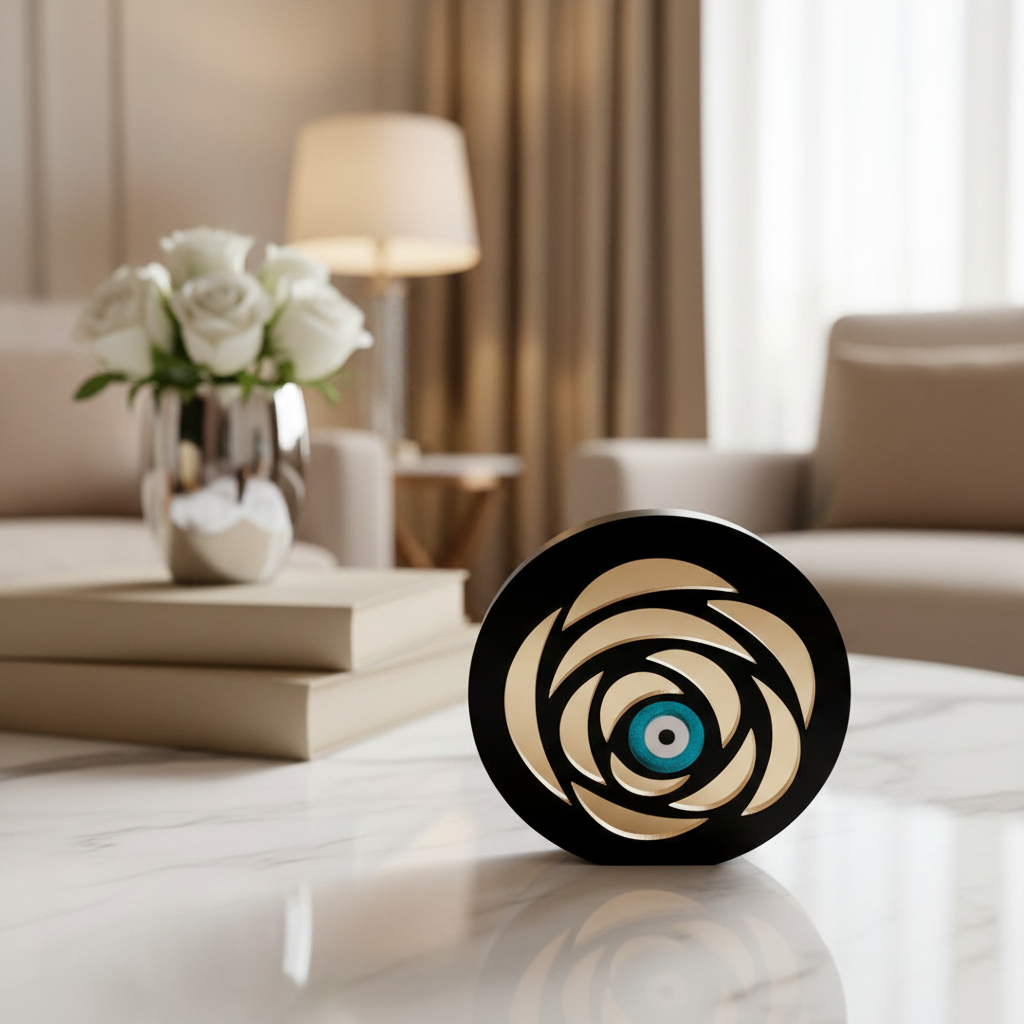 Petal Eye γούρι, επιτραπέζιο χειροποίητο plexiglass με μάτι & χρυσά πέταλα σε μαύρο ή λευκό – So Cute by Dimi