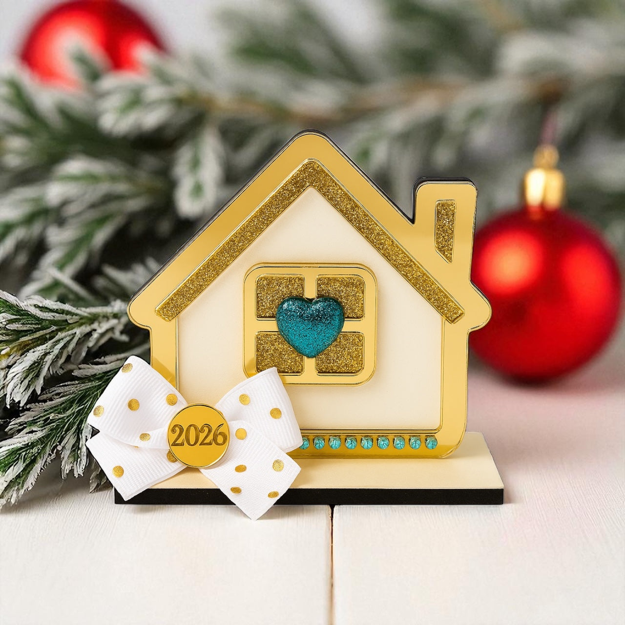 Γούρι σπιτάκι plexiglass με καρδιά γκλίτερ και φιόγκο – So Cute by Dimi