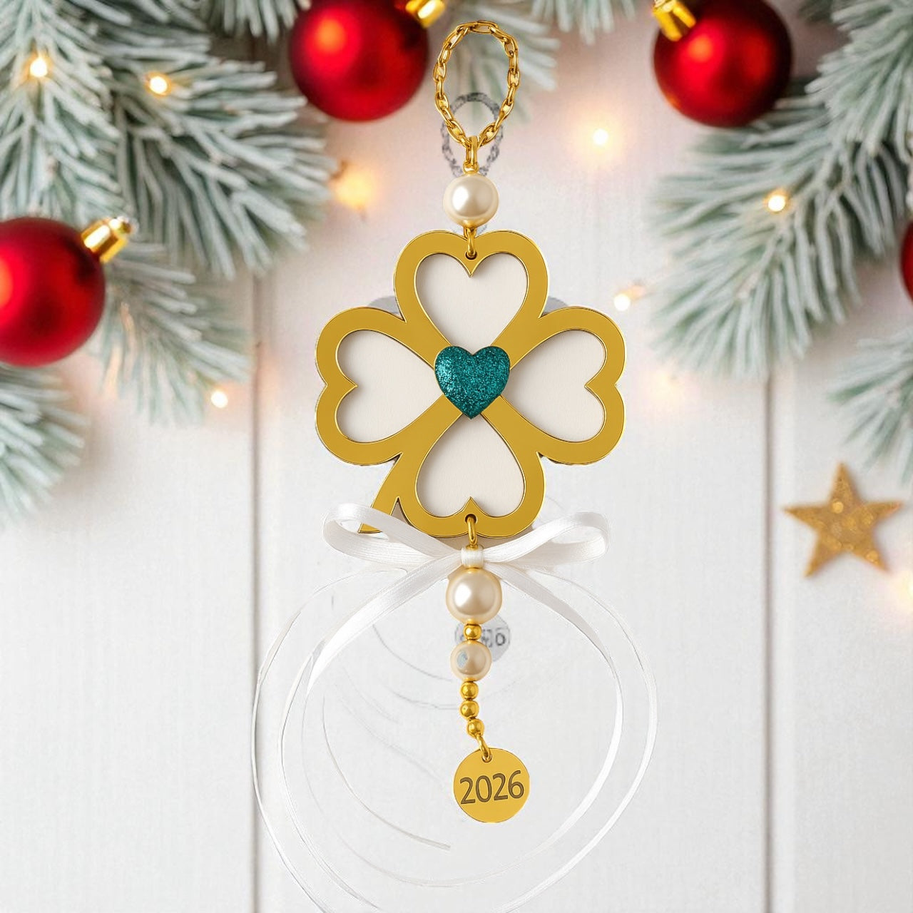 Γούρι τετράφυλλο τριφύλλι plexiglass με καρδιά γκλίτερ και πέρλες – So Cute by Dimi