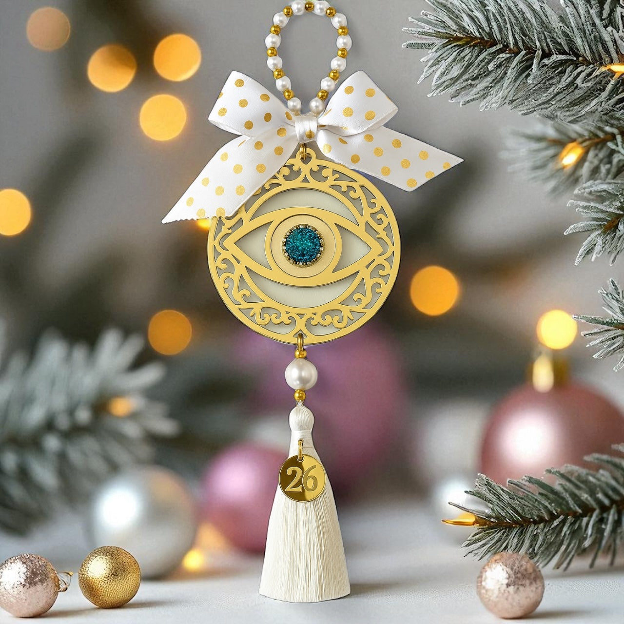 Χειροποίητο γούρι μάτι από χρυσό πλεξιγκλάς με στρας, φιόγκο και φούντα – So Cute by Dimi