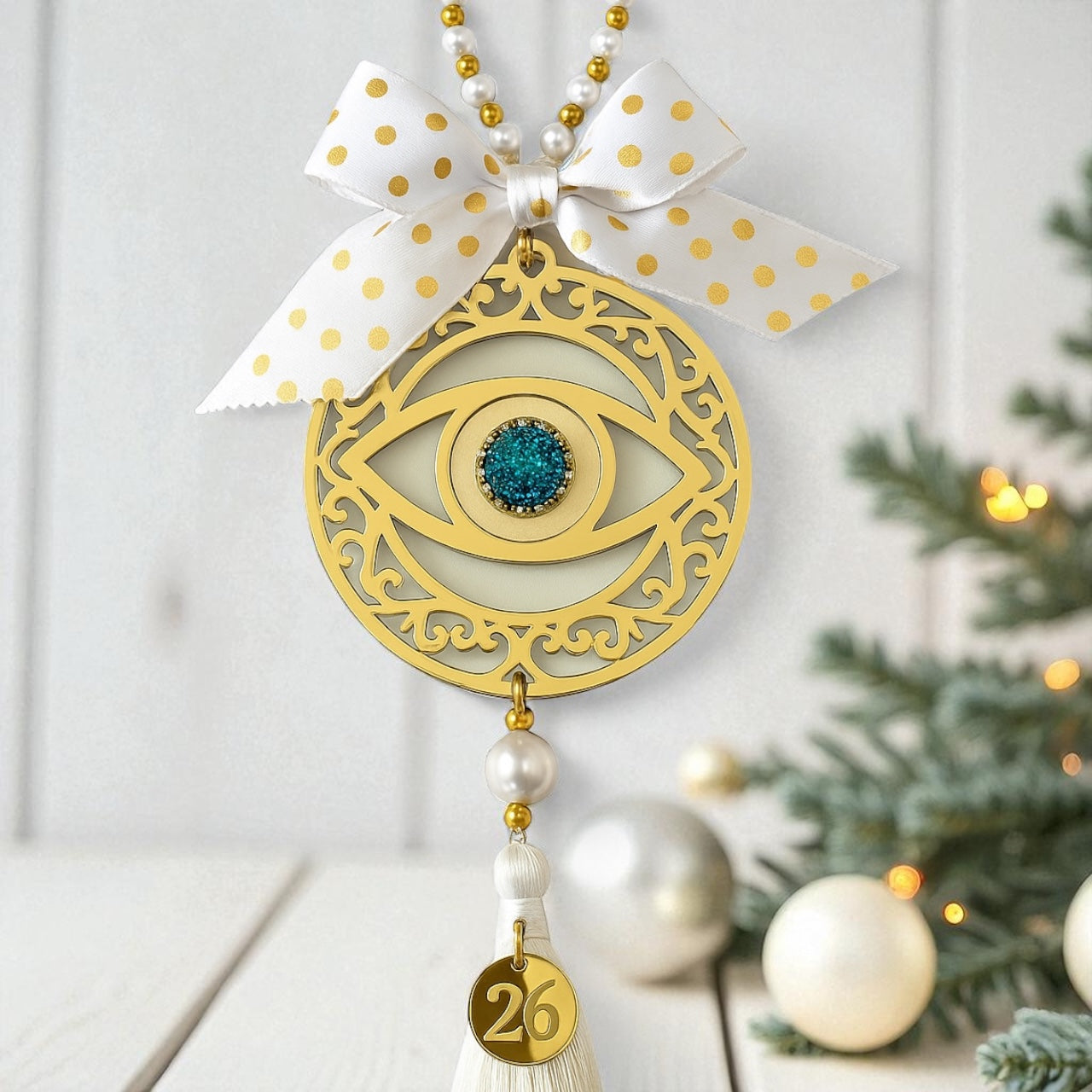 Χειροποίητο γούρι μάτι από χρυσό πλεξιγκλάς με στρας, φιόγκο και φούντα – So Cute by Dimi