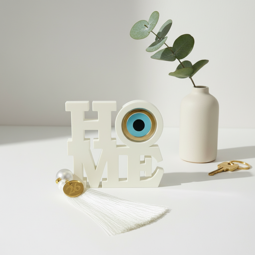 Επιτραπέζιο γούρι HOME με μάτι από πλεξιγκλάς και φούντα σε λευκό χρώμα– So Cute by Dimi