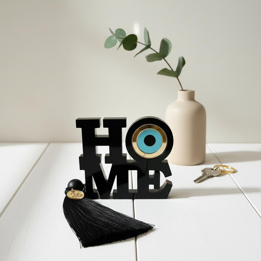 Επιτραπέζιο γούρι HOME με μάτι από πλεξιγκλάς και φούντα σε μαύρο χρώμα– So Cute by Dimi