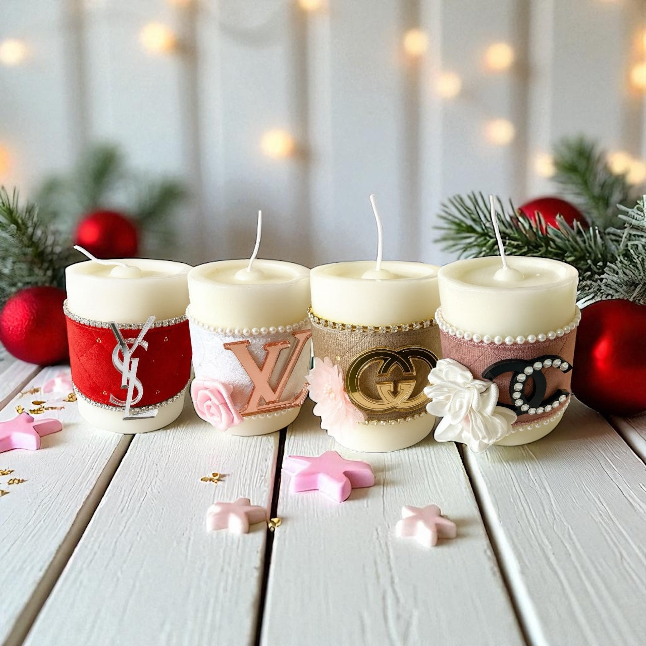 Στολισμένο κερί με βελούδο, στρας και λογότυπα οίκων μόδας – So Cute by Dimi