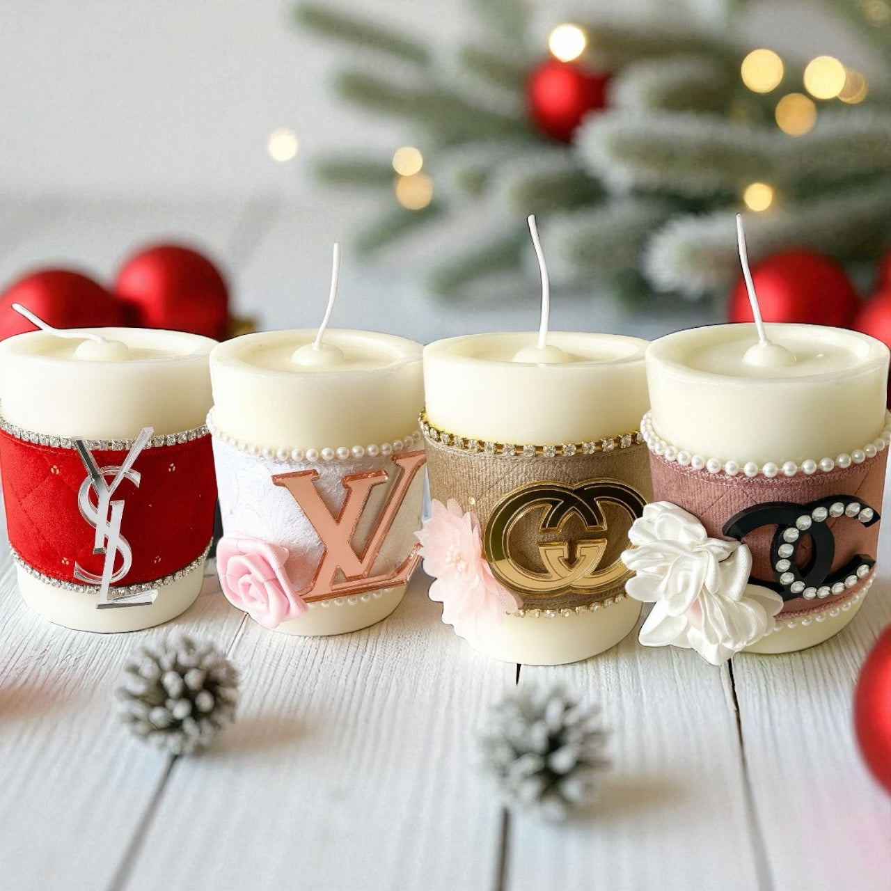 Στολισμένο κερί με βελούδο, στρας και λογότυπα οίκων μόδας – So Cute by Dimi