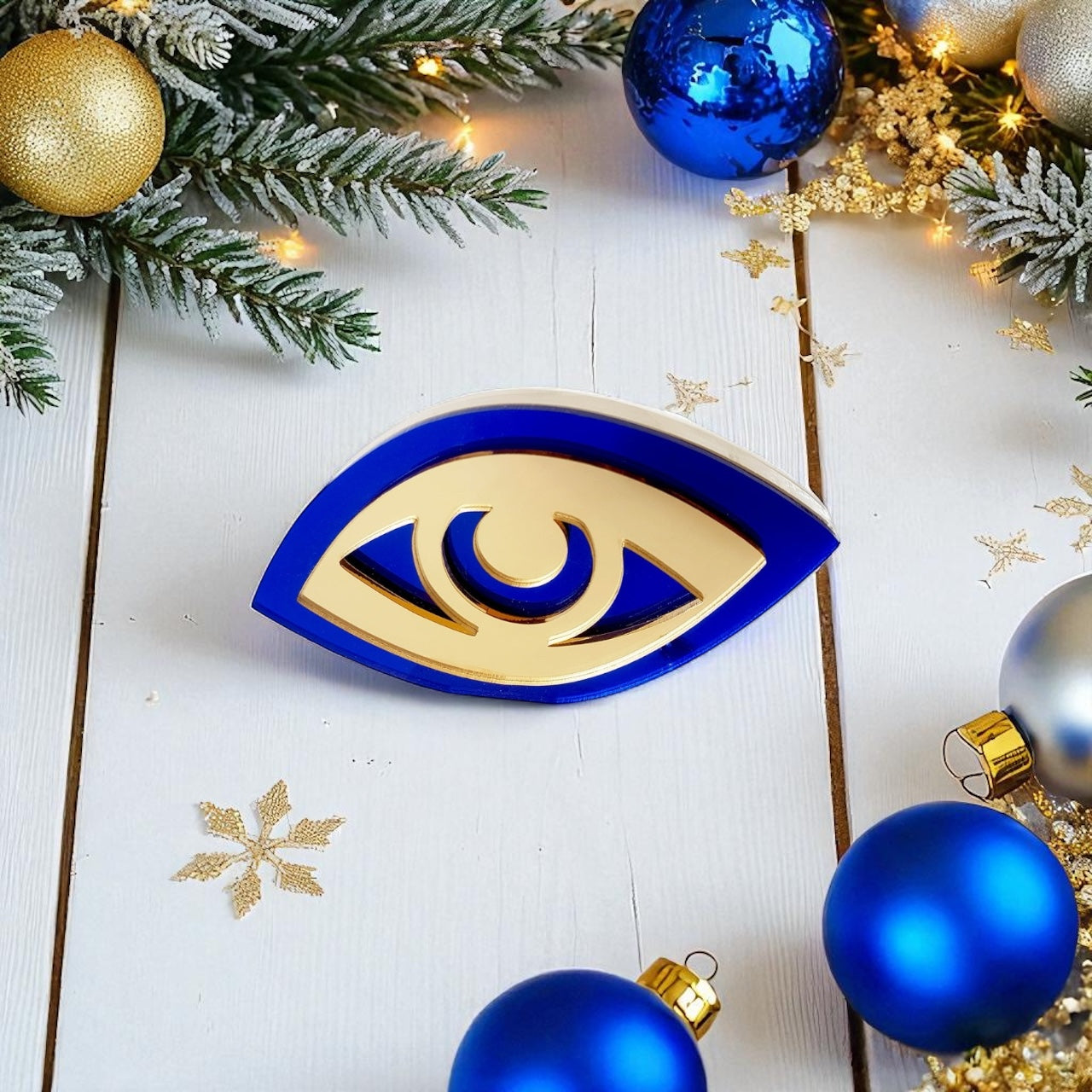 Γούρι επιτραπέζιο μάτι plexiglass καθρέφτης σε χρυσό και μπλε με ασυμμετρίες – So Cute by Dimi