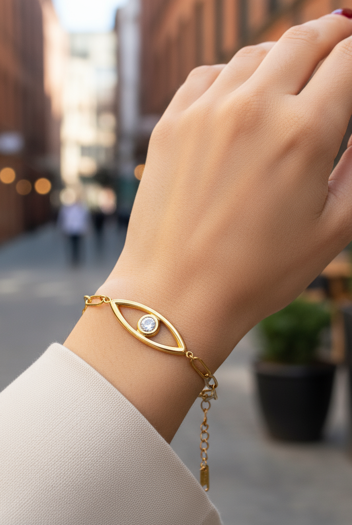 Iris – Ατσάλινο βραχιόλι με μάτι και λευκό ζιργκόν από το So Cute by Dimi