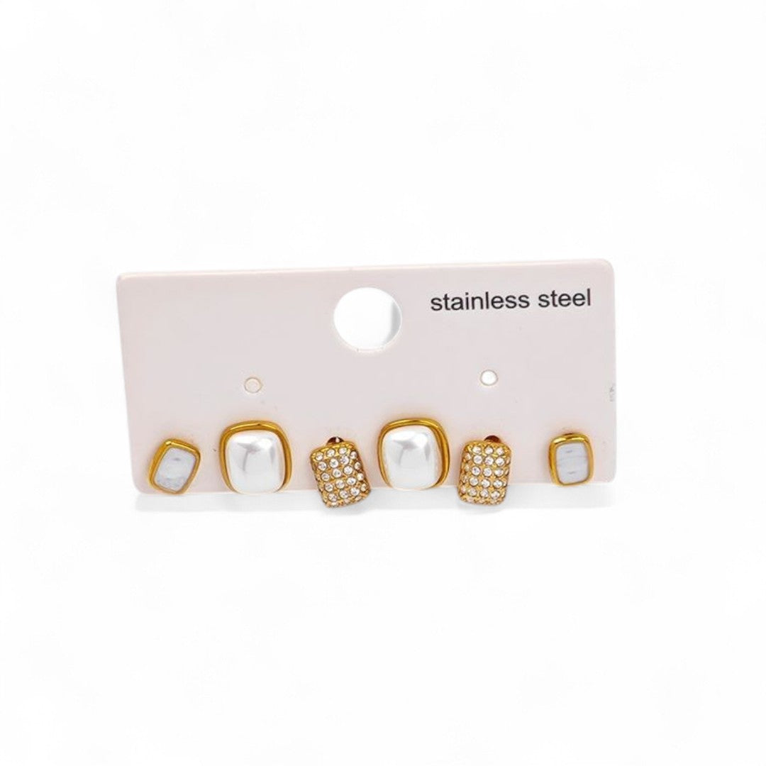 Σετ 3 ζευγαριών ατσάλινα σκουλαρίκια με πέρλα, strass & mother of pearl σε χρυσό και ασημί – So Cute by Dimi