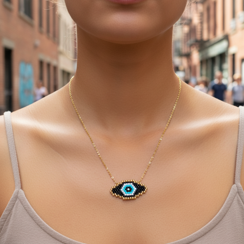 Χρυσό ατσάλινο κολιέ με eye charm Miyuki So Cute by Dimi