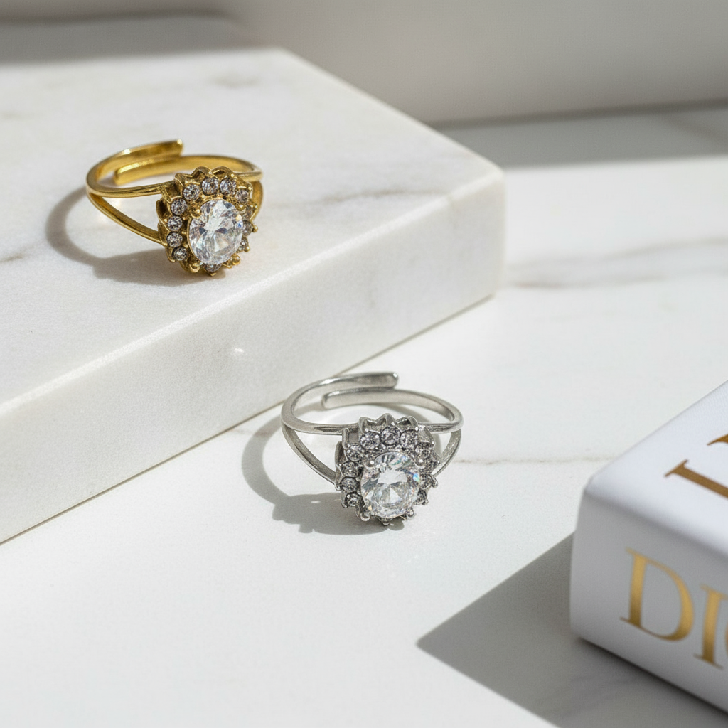 Ατσάλινο δαχτυλίδι Crystal Bloom με ζιργκόν halo σε χρυσό και ασημί – So Cute by Dimi