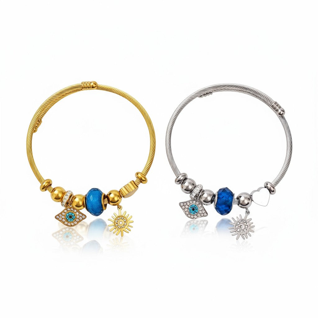 Ατσάλινο βραχιόλι Sun & Eye με μάτι, ήλιο και μπλε χάντρα σε χρυσό & ασημί