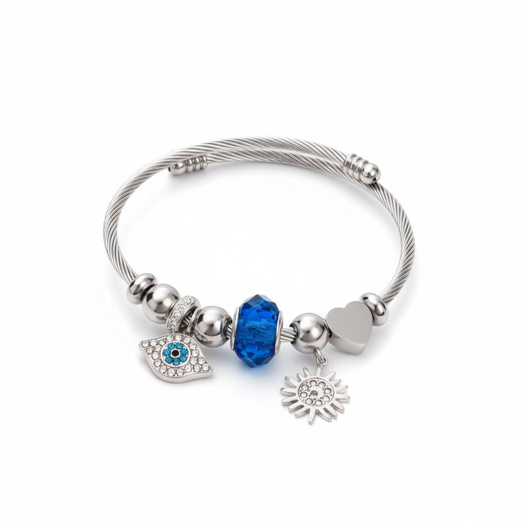 Ατσάλινο βραχιόλι Sun & Eye με μάτι, ήλιο και μπλε χάντρα σε χρυσό & ασημί