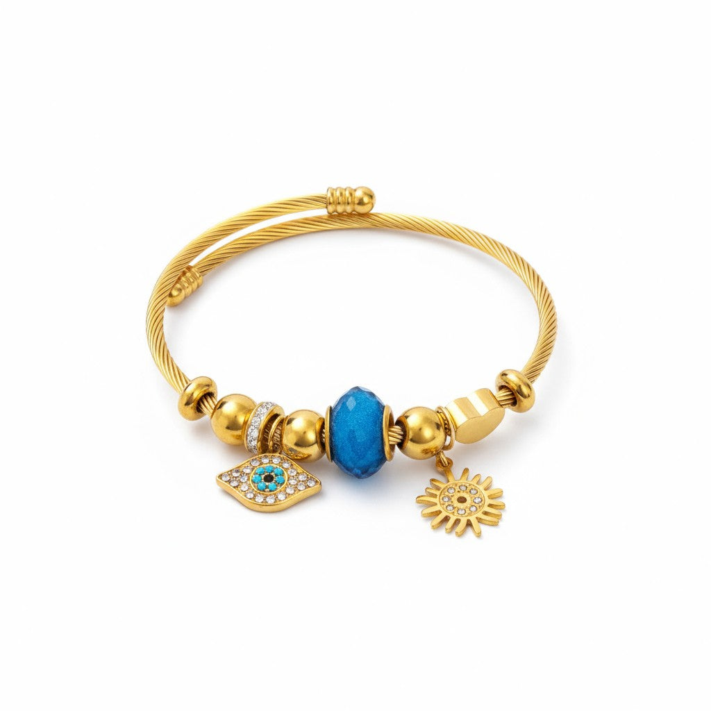 Ατσάλινο βραχιόλι Sun & Eye με μάτι, ήλιο και μπλε χάντρα σε χρυσό & ασημί