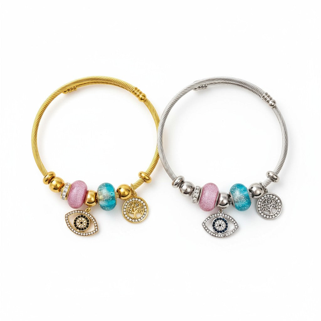 Ατσάλινο βραχιόλι με μάτι, δέντρο ζωής και ροζ & γαλάζιες χάντρες σε χρυσό & ασημί