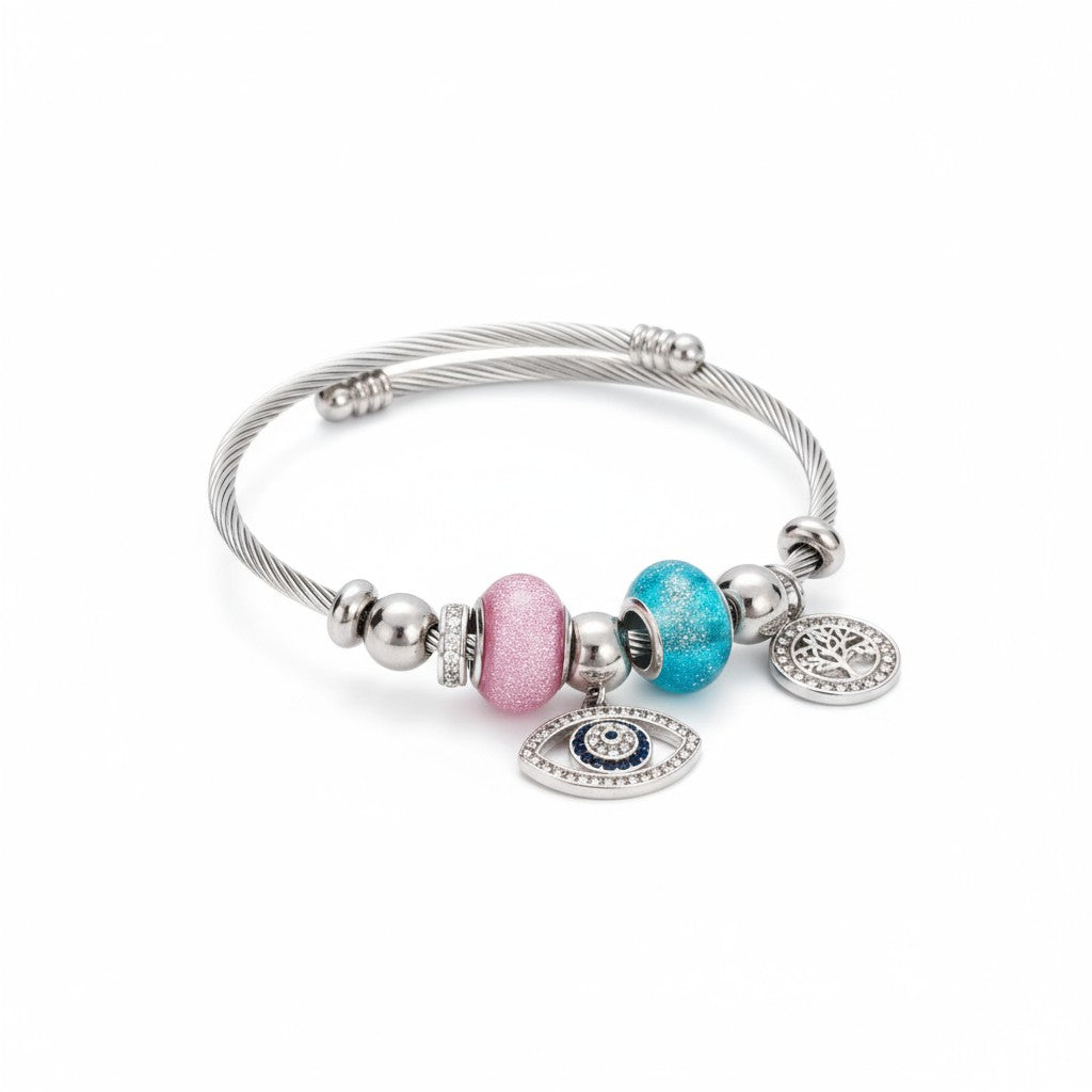 Ατσάλινο βραχιόλι με μάτι, δέντρο ζωής και ροζ & γαλάζιες χάντρες σε χρυσό & ασημί