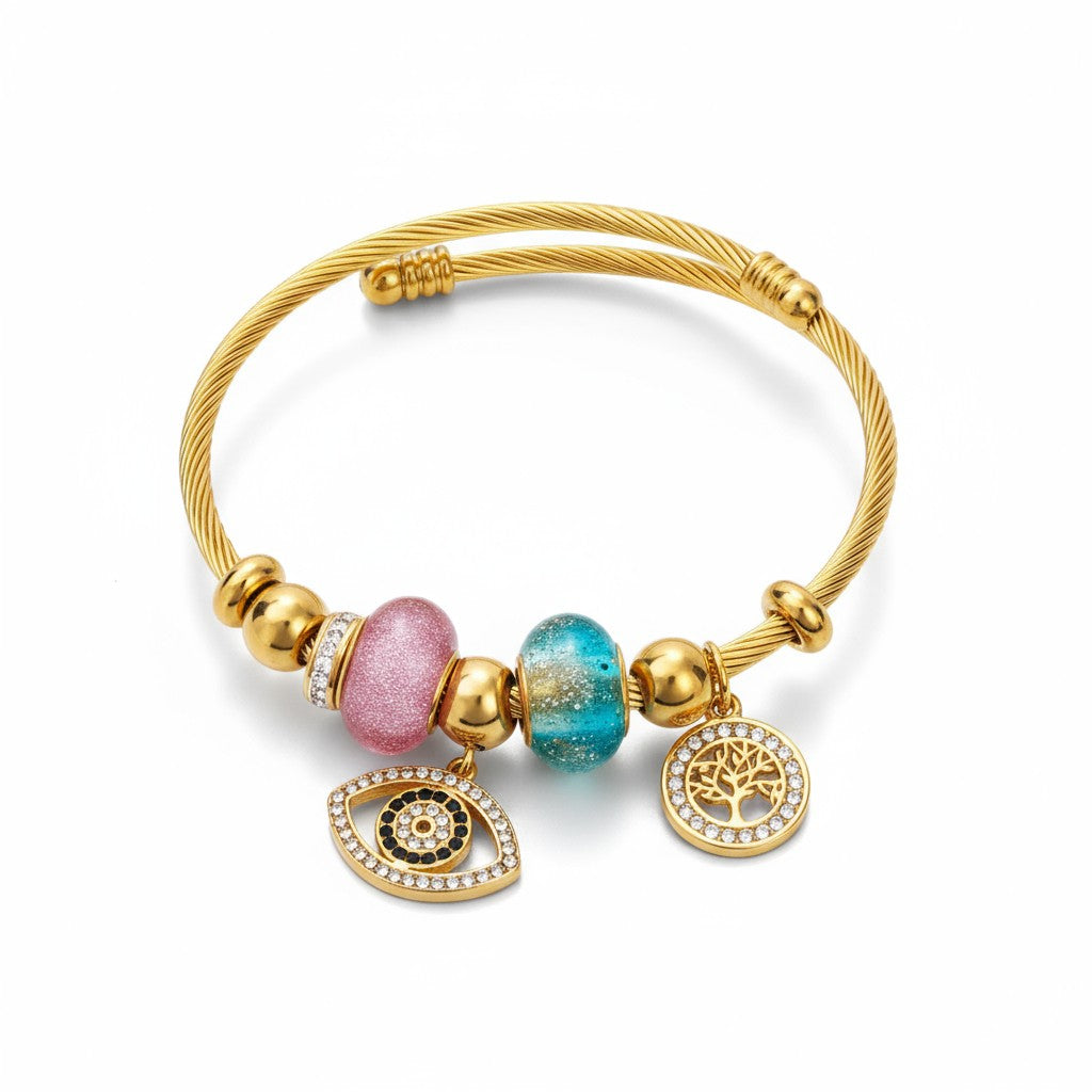 Ατσάλινο βραχιόλι με μάτι, δέντρο ζωής και ροζ & γαλάζιες χάντρες σε χρυσό & ασημί