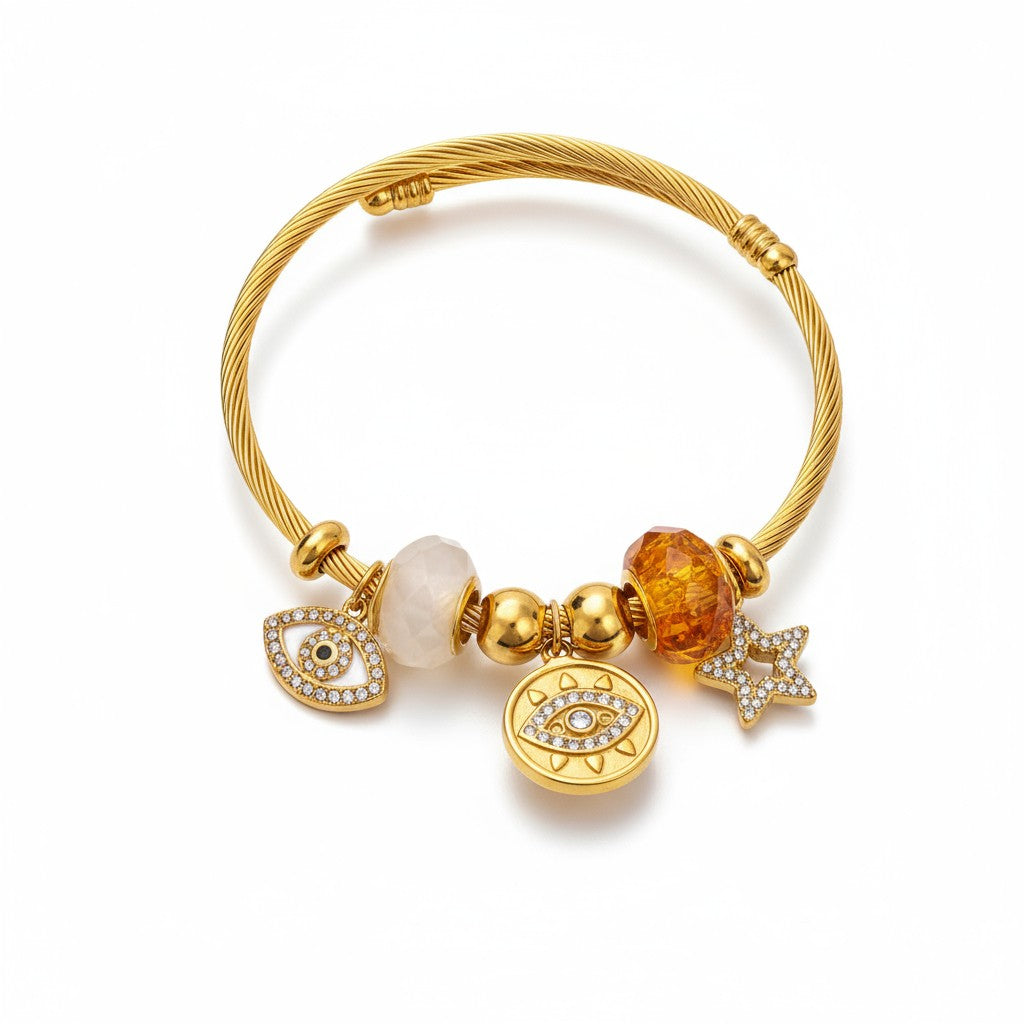 Ατσάλινο βραχιόλι Lucky Charms με μάτι, αστέρι και κρύσταλλα σε χρυσό | So Cute by Dimi