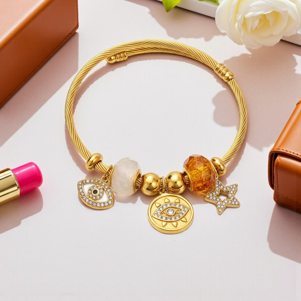 Ατσάλινο βραχιόλι Lucky Charms με μάτι, αστέρι και κρύσταλλα σε χρυσό | So Cute by Dimi