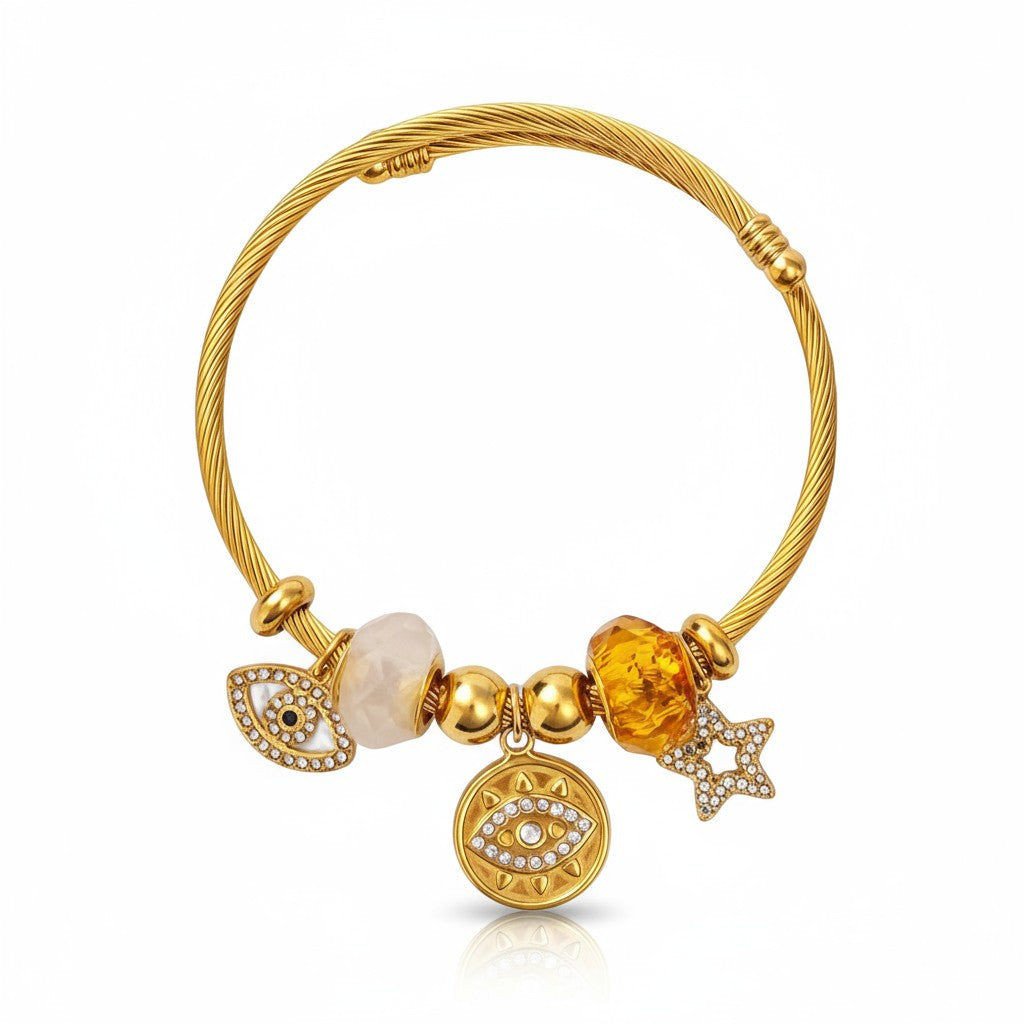 Ατσάλινο βραχιόλι Lucky Charms με μάτι, αστέρι και κρύσταλλα σε χρυσό | So Cute by Dimi