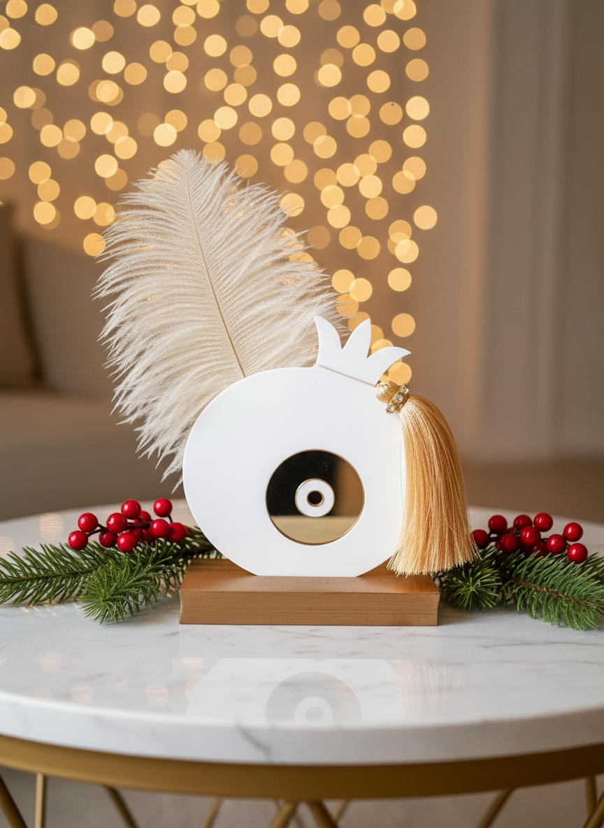 Χειροποίητο επιτραπέζιο γούρι ρόδι από plexiglass με χρυσό mirror μάτι, φτερό και φούντα με στρας, σε ξύλινη βάση, διαστάσεων 17×13 cm