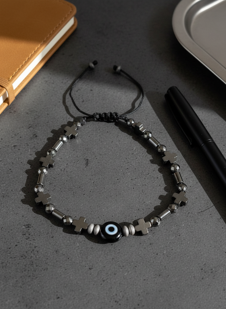 Ανδρικό βραχιόλι με ματάκι, σταυρούς & αιματίτη – So Cute by Dimi
