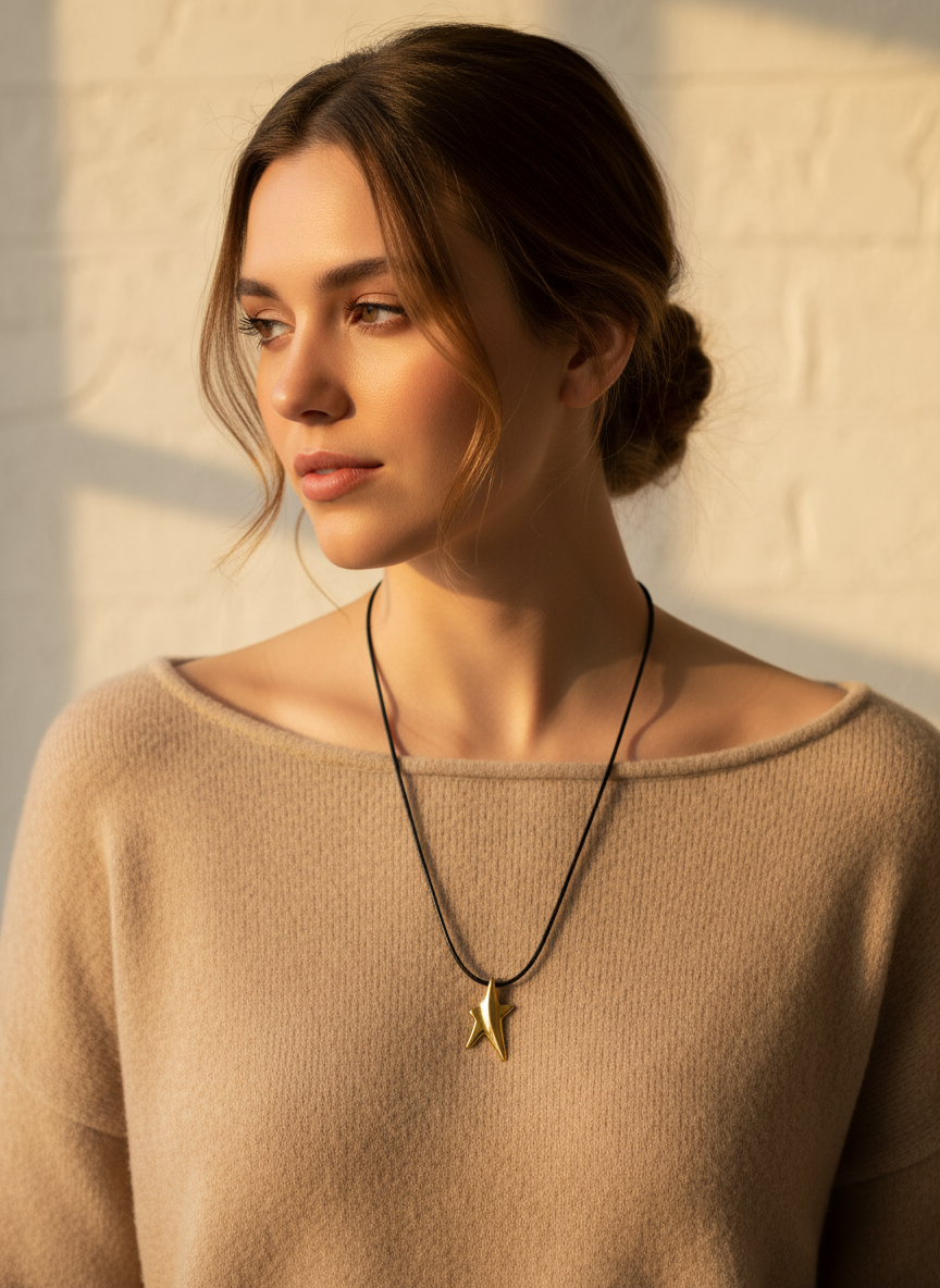 Χειροποίητο κολιέ με ασύμμετρο αστέρι από ορείχαλκο σε μαύρο κορδόνι – So Cute by Dimi