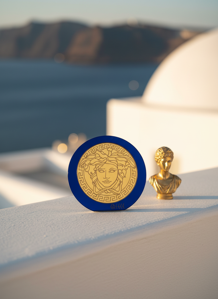 Γούρι μέδουσα από πλεξιγκλάς καθρέφτη σε στρογγυλό σχήμα, χειροποίητο, διάμετρος 12,5 εκ.