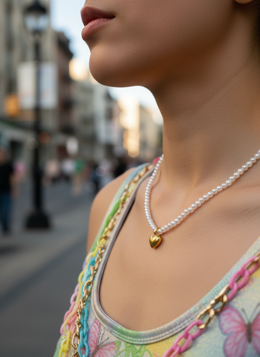 Χειροποίητο κολιέ με πέρλες και επίχρυση καρδούλα – Little Heart Pearl Necklace – So Cute by Dimi