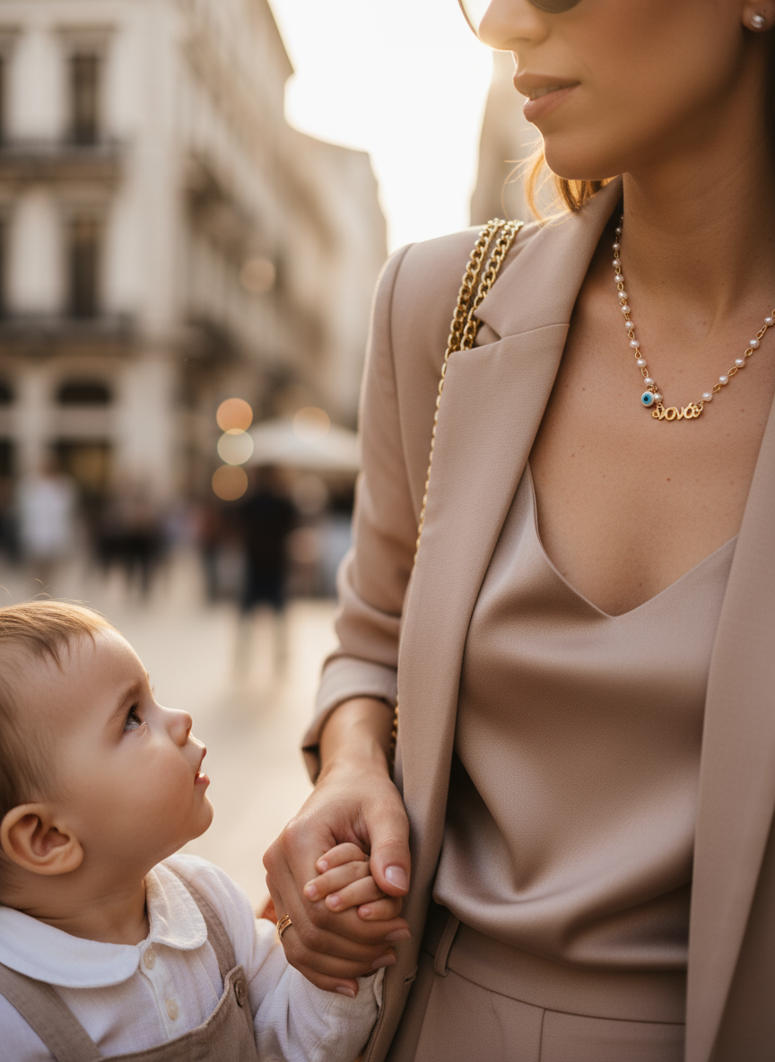 Χειροποίητο κολιέ ροζάριο με πέρλες, ταυτότητα “Νονά” και ματάκι – So Cute by Dimi