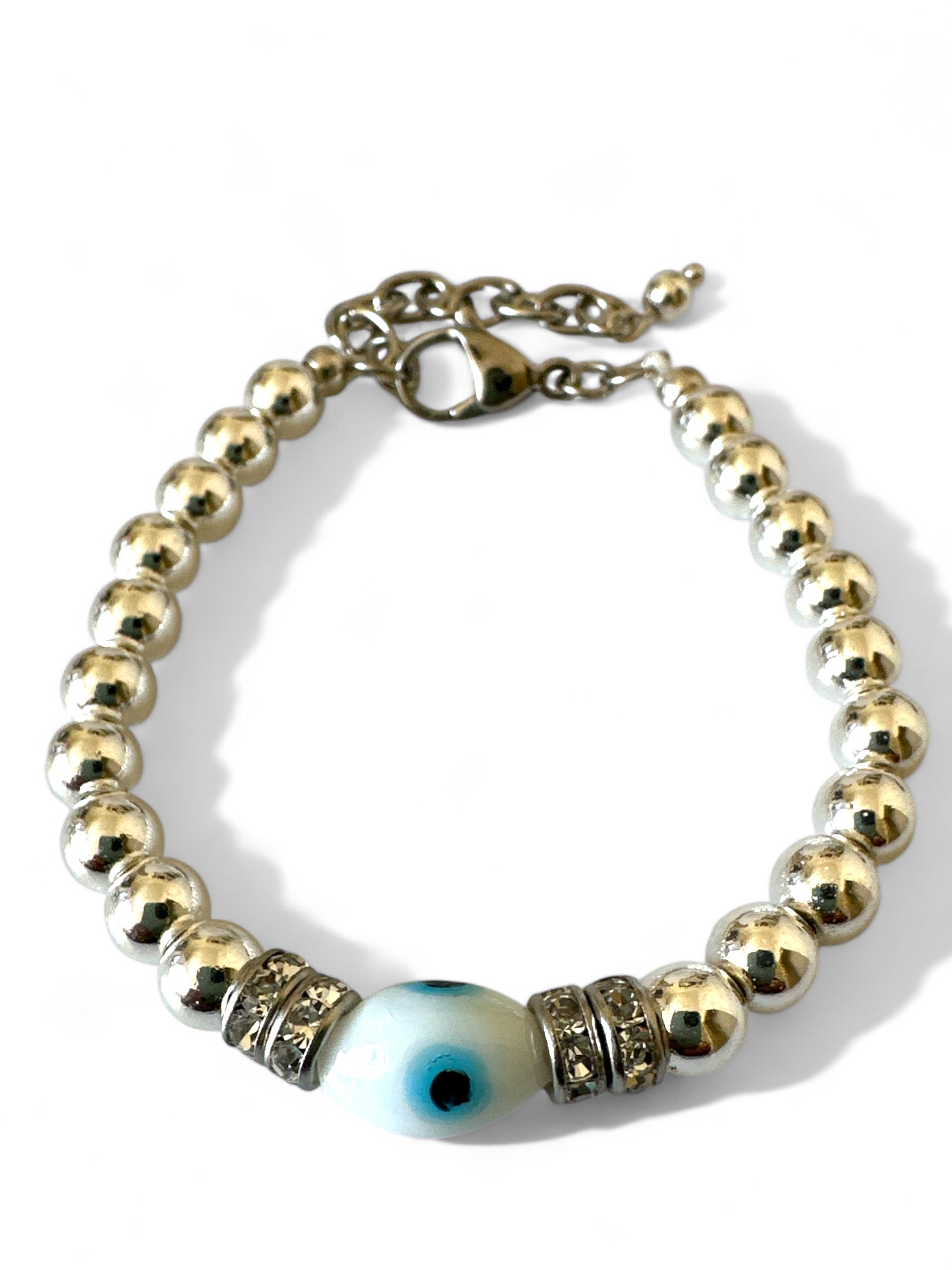 Χειροποίητο βραχιόλι με αιματίτη, στρας και lampwork μάτι – So Cute by Dimi