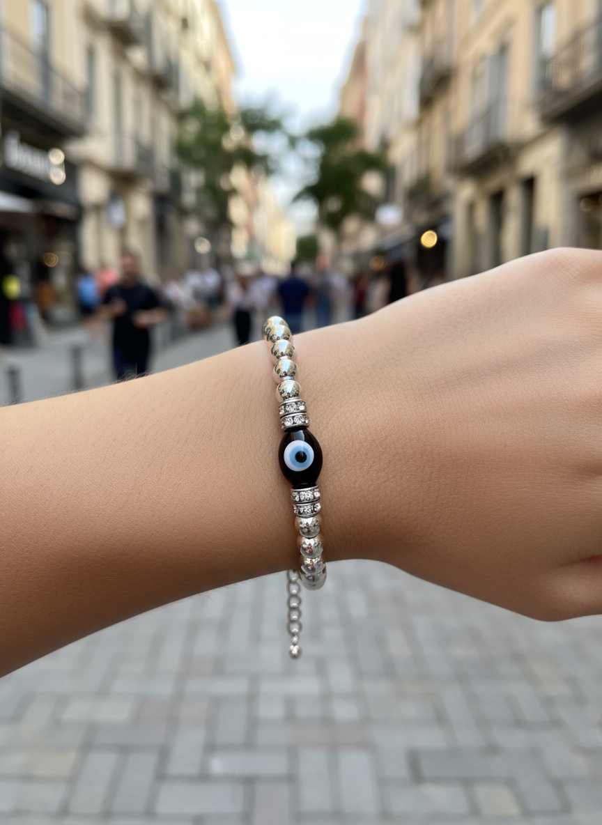 Χειροποίητο βραχιόλι με αιματίτη, στρας και lampwork μάτι – So Cute by Dimi