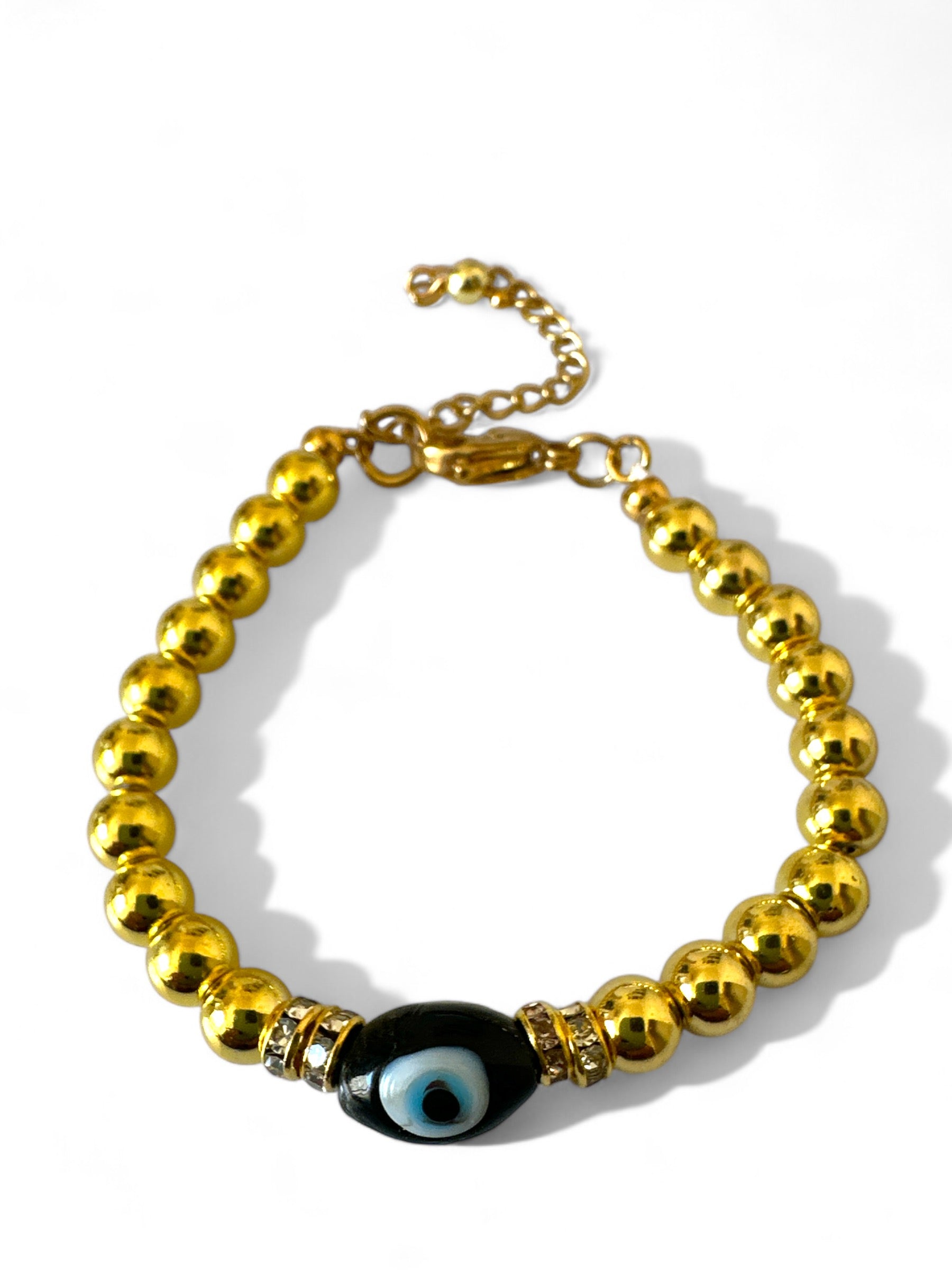 Χειροποίητο βραχιόλι με αιματίτη, στρας και lampwork μάτι – So Cute by Dimi